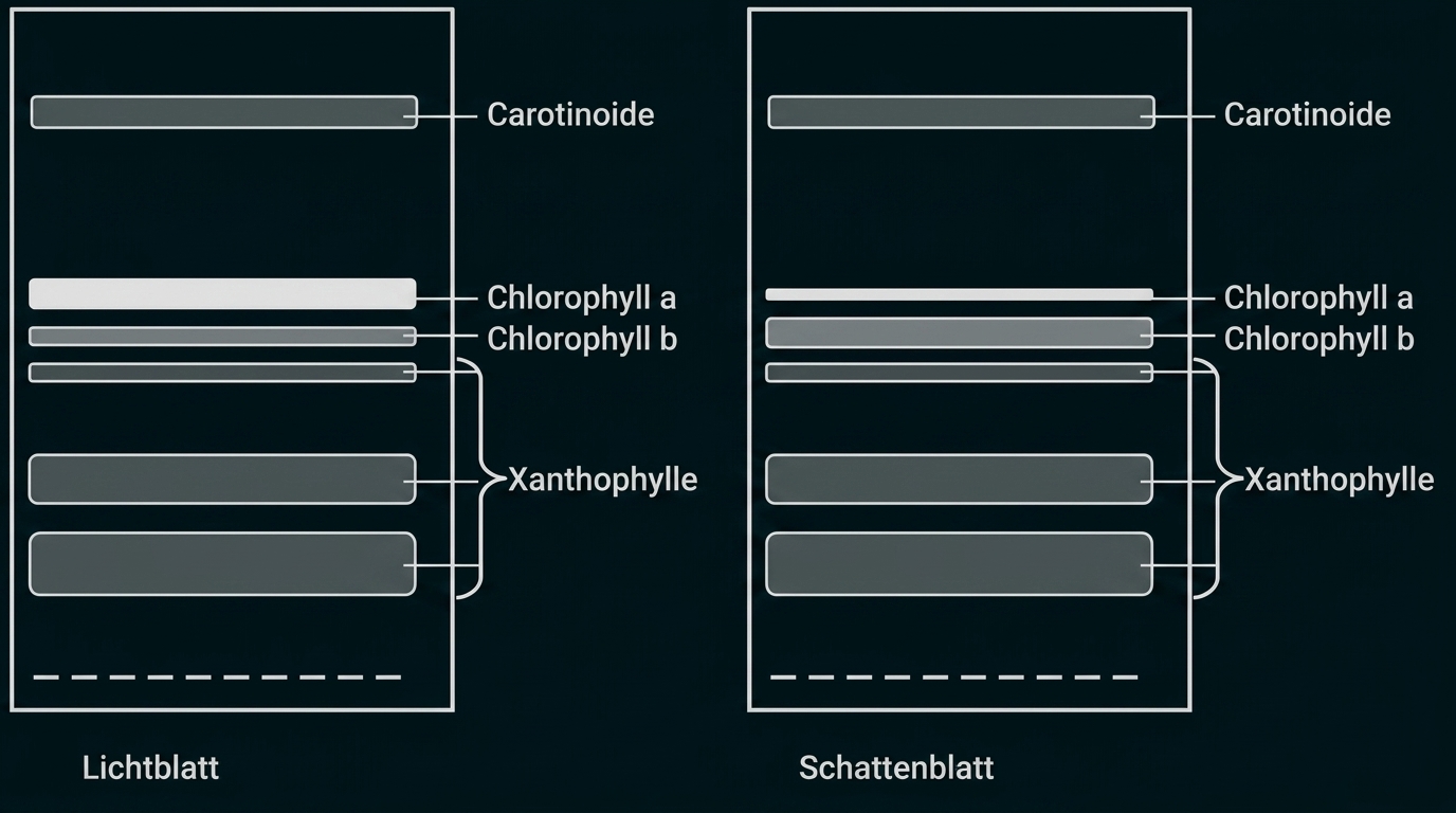 Vergleich von Lichtblatt und Schattenblatt mit Chlorophyll-, Carotinoid- und Xanthophyll-Banden.